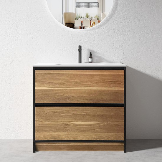 GL 900mm Plywood Floor Standing Vanity With Ceramic Basin Black&Light Oak